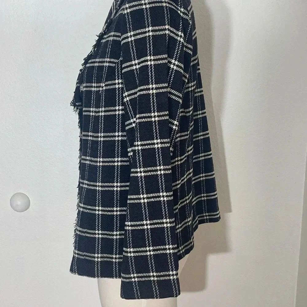 First option black white checkered plaid blazer fringe collared size medium - Picture 3 of 6